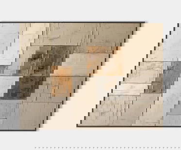 Patchwork of Time Wasabi-Sabi Inspired Canvas Painting: Patchwork of Time Wasabi-Sabi Inspired Canvas Painting This painting presents a mesmerizing patchwork of wooden panels arranged in a harmonious grid. Each rectangle varies in color and texture, with t