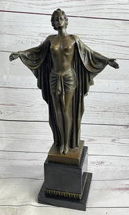 The Female Awakening Inspired Bronze Statue: The Female Awakening Bronze Statue   This exquisite Art Nouveau bronze sculpture bearing the signature of artist F. Preiss, showcases a nude woman in a gracefully expressive pose. Mounted on a sleek b