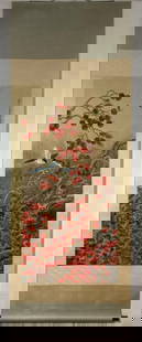 Persimmon Blossoms in Bloom Scroll Painting: Persimmon Blossoms in Bloom Scroll Painting  In this vibrant scroll painting by Zhang Daqian, lively azure-winged magpies flit among blooming persimmon branches, some mid-flight, others perched gracef