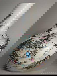 Boutique Famille Rose Character Story Vase: Boutique Famille Rose Character Story Vase  This Boutique Famille Rose porcelain vase presents a vivid narrative scene, masterfully painted in rich enamel colors typical of the renowned famille rose p