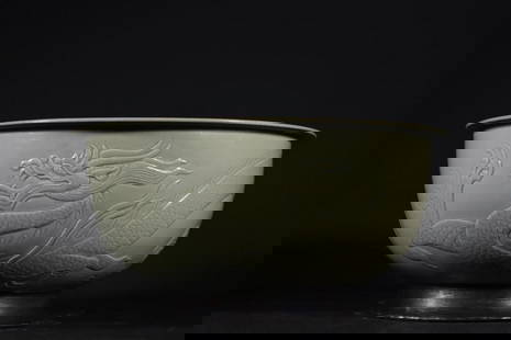 Yue Kiln Secret Color Celadon Dragon Pattern Bowl, Inspired by the Tang Dynasty: Yue Kiln Secret Color Celadon Dragon Pattern Bowl, Inspired by the Tang Dynasty.  This bowl, inspired by the renowned Yue Kiln of the Tang Dynasty, features a stunning secret color celadon glaze and a