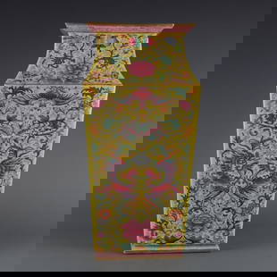 Qianlong-Inspired Yellow Ground Square Vase With Phoenix & Peonies: Qianlong-Inspired Yellow Ground Square Vase With Phoenix &amp; Peonies.  This elegant square vase is inspired from the Qing Dynasty’s Qianlong period (1735–1796), featuring a vibrant yellow ground