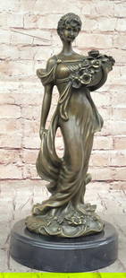 Bronze Sculpture of Woman with Flower Basket by Milo - 14.5" x 7": Bronze Sculpture of Woman with Flower Basket by Milo - 14.5&#34; x 7&#34; This captivating bronze sculpture by Milo portrays a serene woman holding a flower basket, symbolizing grace and femininity. T