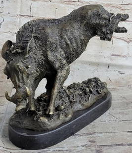 Barye Inspired Wild Kicking Boar Bronze Sculpture - 8" x 12": Barye Inspired Wild Kicking Boar Bronze Sculpture - 8&#34; x 12&#34;  Experience the power and majesty of the wild boar with this stunning bronze sculpture. The boar&#39;s compact body and large head
