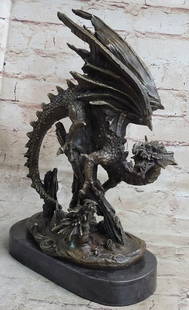 Original Fisher Chinese Dragon Bronze Sculpture On Marble Base - 12" x 8": Original Fisher Chinese Dragon Bronze Sculpture On Marble Base - 12&#34; x 8&#34;  Some myths portray them with a row of dorsal spines. European dragons are more often winged, while Chinese dragons re
