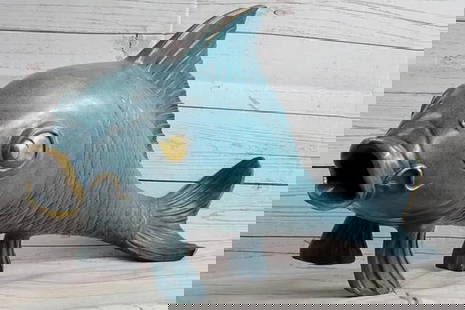 Vibrantly Painted Bronze Sculpture of Koi Fish Figure - 11" x 24": This genuine bronze sculpture beautifully captures the spirit of a dynamic Koi in a sporty leap from a simulated ocean wave. The artist, Marius, skillfully crafts intricate details and exhibits meticu