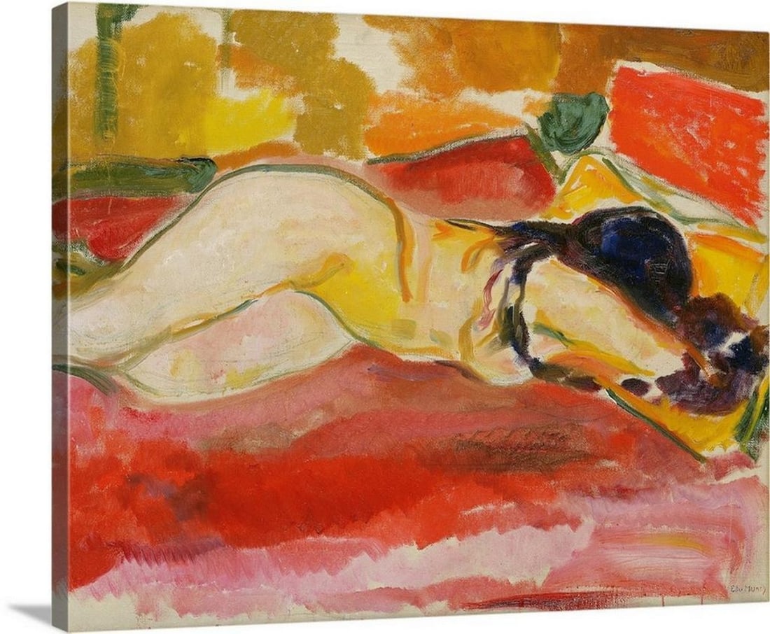 Reclining Nude Expressionist Wall Art by Edvard Munch Canvas Reproduction - 32" x 40": Reclining Nude Expressionist Wall Art by Edvard Munch Canvas Reproduction - 32" x 40" (Originally oil on canvas) by Edvard Munch (1863-1944) About the Artist Edvard Munch (1863-1944) is regard