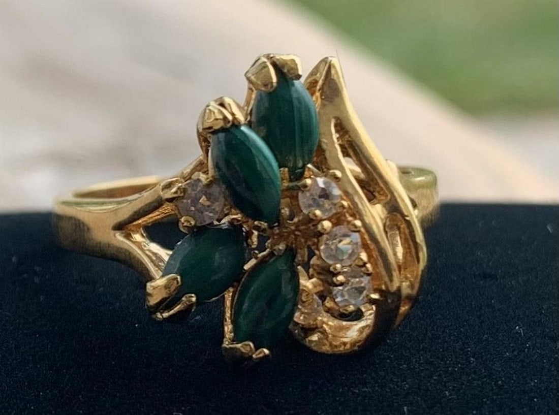 Regal Gold Marquise Cut Malachite & CZ Cluster Ring (1 of 4)