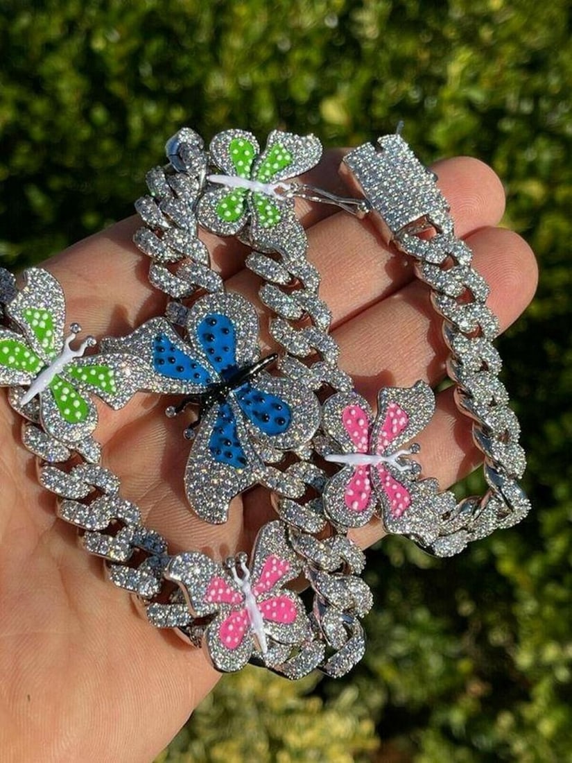 Magical Butterfly Silver, Austrian Crystal And Enamal Miami Cuban Chain: Magical Butterfly Silver, Austrian Crystal And Enamal Miami Cuban Chain This magical one of a kind necklace is decorated with pink, blue and green butterflies made out of enamal and Austrian Crystals 