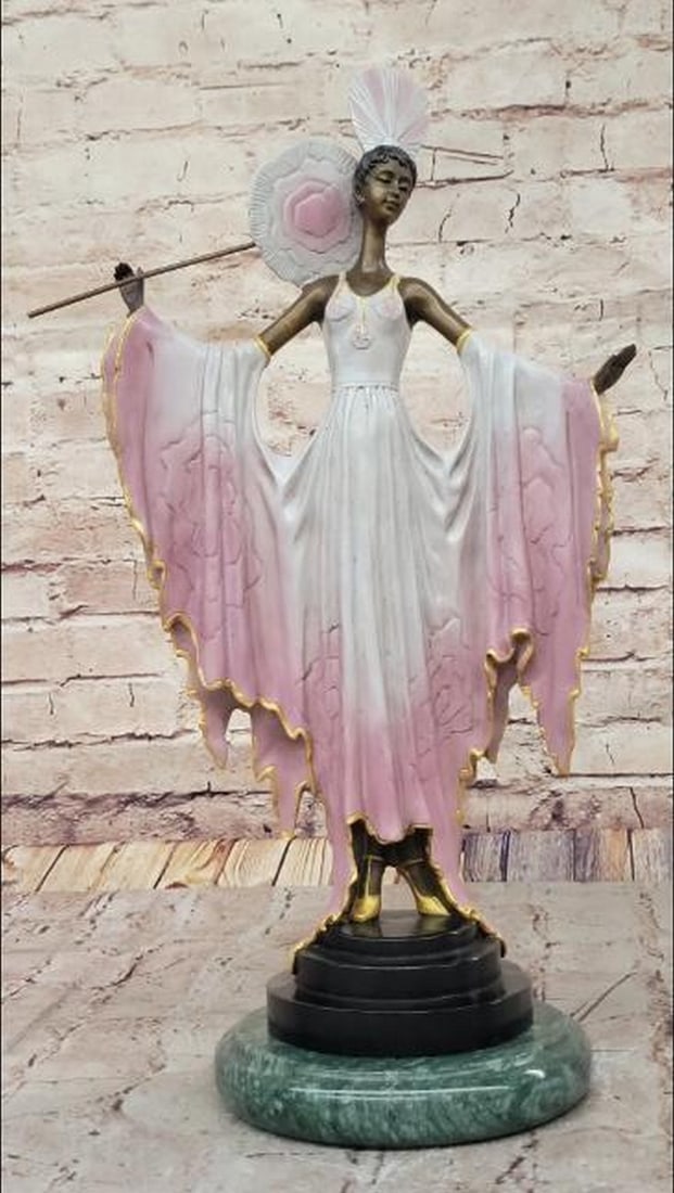Silent Seduction Bronze Sculpture Art Deco Fan Lady: Silent Seduction Bronze Sculpture Art Deco Fan Lady. This bronze sculpture is inspired by the artist J. Erté and bears his signature. It is a captivating Art Deco bronze sculpture that beautifully c