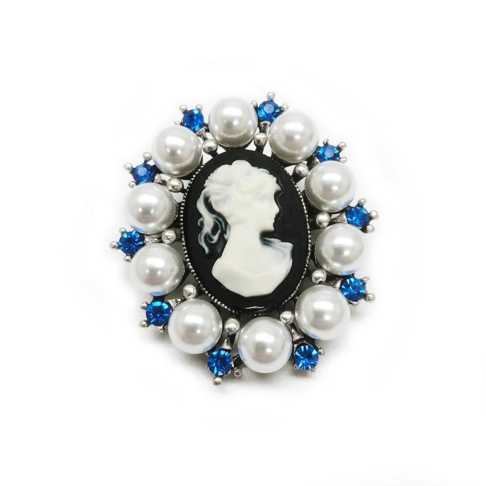 Blue Rhinestone And White Pearl Cameo Broach (1 of 3)