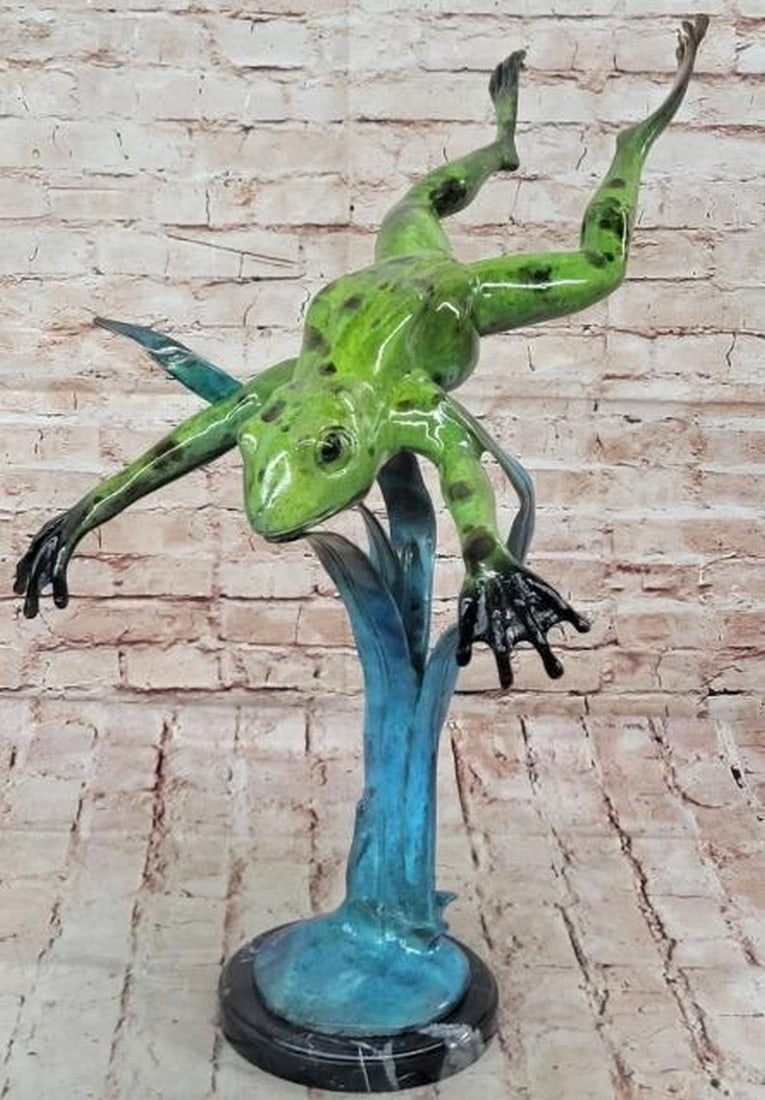 Leap of Joy: Green Frog Bronze Sculpture with Splash Patina (1 of 7)