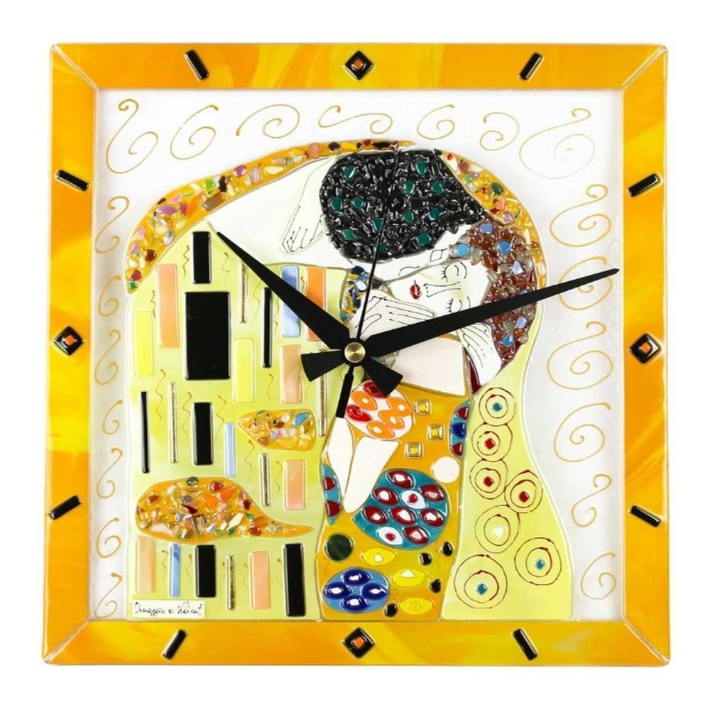 The Kiss – Klimt Tribute Murano Glass Wall Clock: The Kiss – Klimt Tribute Murano Glass Wall Clock This handcrafted Murano glass wall clock is created using the fusing technique, where individual glass pieces are assembled into a striking compositi