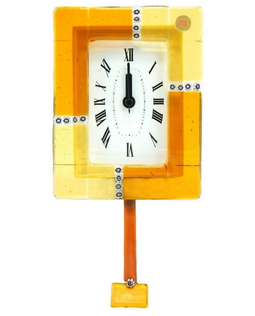 Pendulum Wall Clock – Murrina Orange Yellow: Pendulum Wall Clock – Murrina Orange Yellow This colorful Murano glass pendulum wall clock is handcrafted using the traditional glass fusing technique combined with millefiori details. Its vibrant o