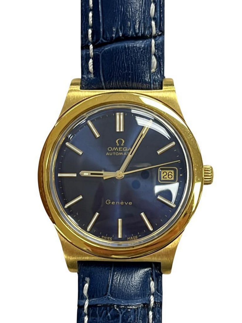 Authentic Omega Geneve Date Blue Dial Gold Plated Automatic Mens Wrist Watch (1 of 2)