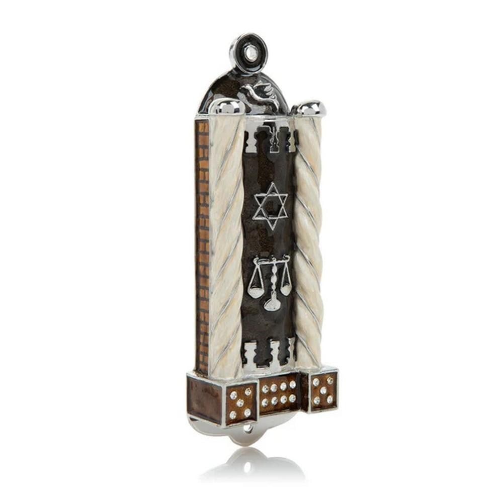 Brown Modern Judaica Mezuzah: Brown Modern Judaica Mezuzah Add modern sophistication and timeless tradition to your home with the Brown Modern Judaica Mezuzah. Crafted from pewter and plated with 925 silver, this mezuzah is hand-