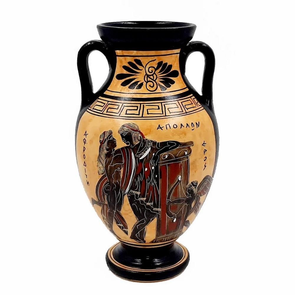 Greek Amphora – Black Figure, Depicting God Apollo with Goddess Aphrodite and Goddess Athena: Greek Amphora – Black Figure, Depicting God Apollo with Goddess Aphrodite and Goddess Athena Enhance your decor with an Ancient Greek Amphora from the 6th Century B.C., featuring Black Figure painti