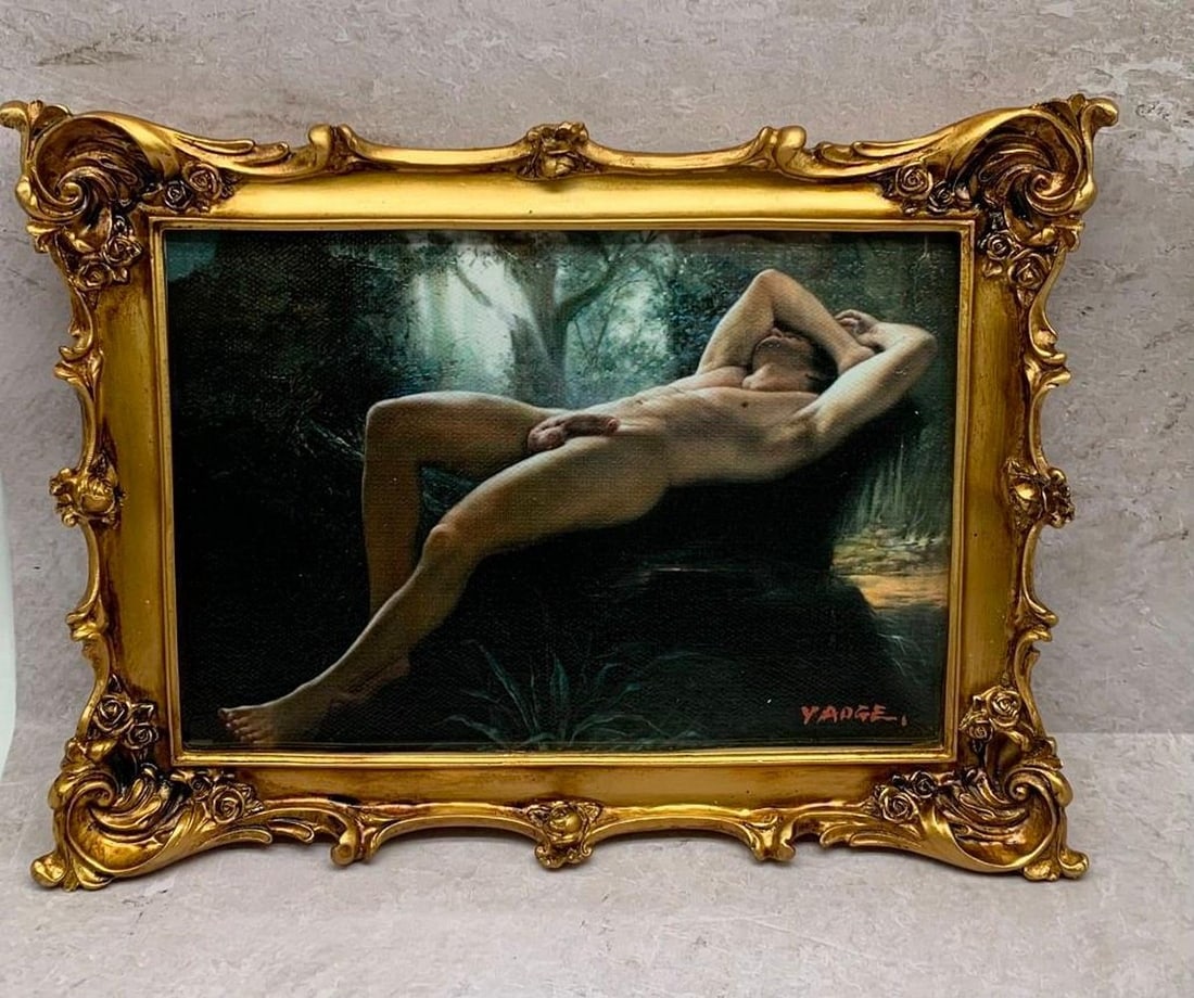 Rest in the Wilderness Painting: Rest in the Wilderness Painting This evocative painting, signed and painted by artist Yaoge, portrays a nude male figure lounging on a rock or tree trunk, his body relaxed yet expressive. With his han