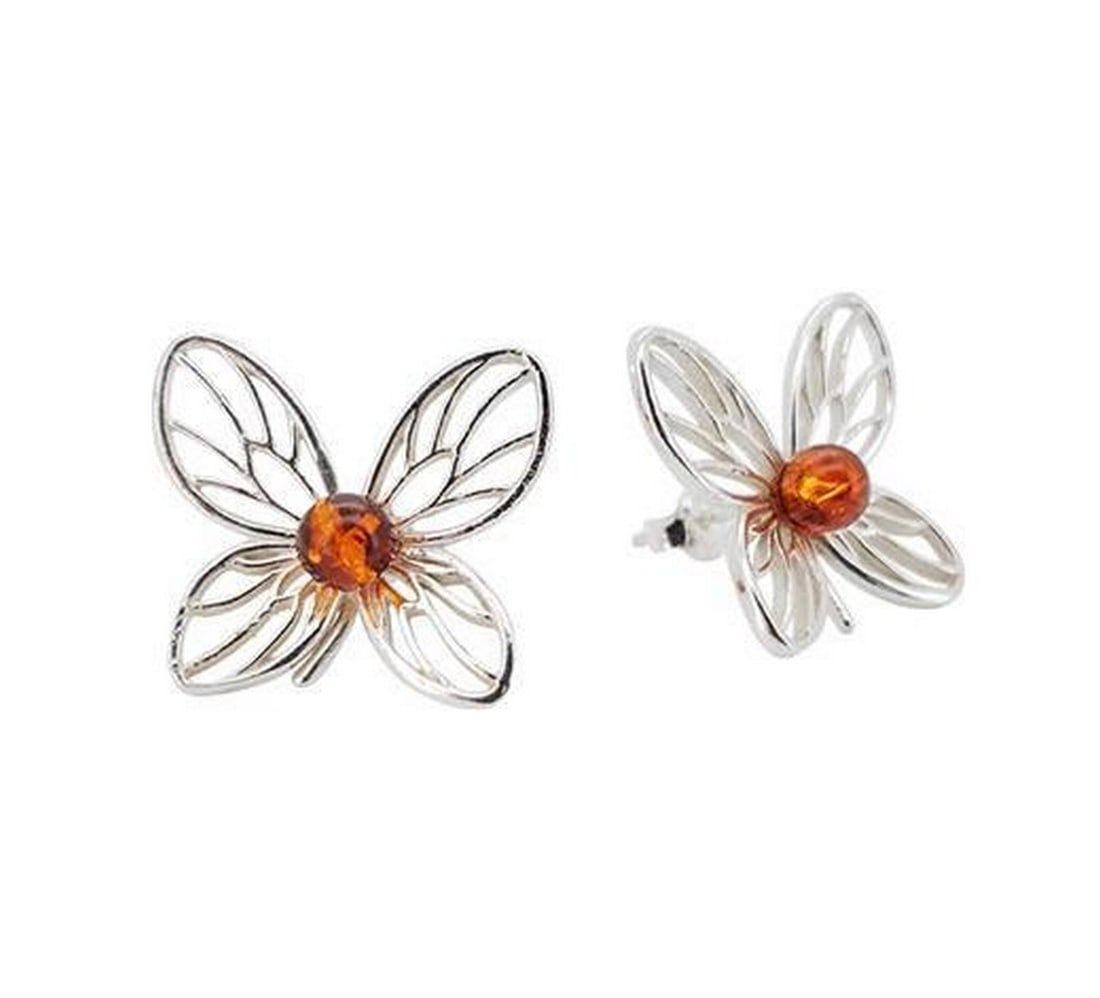 Cognac Amber Sterling Silver Butterfly Stud Earrings (1 of 2)