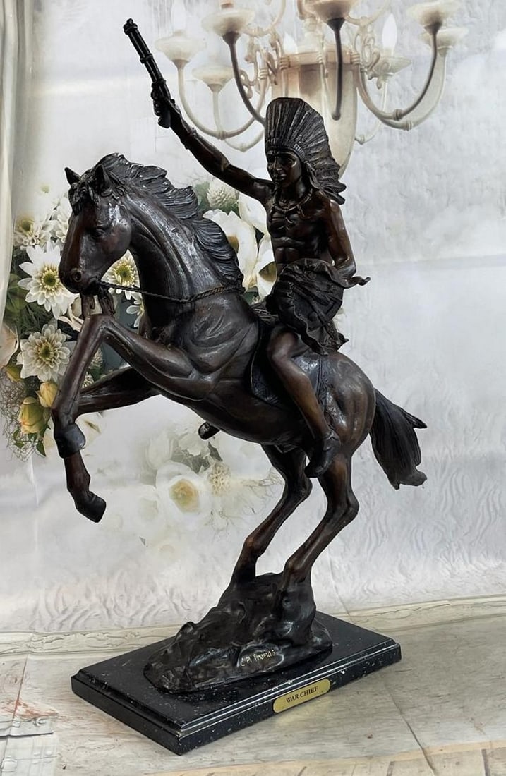 WAR CHIEF Native American Bronze Statue Sculpture Western Art Marble Base 24" x 23" (1 of 6)
