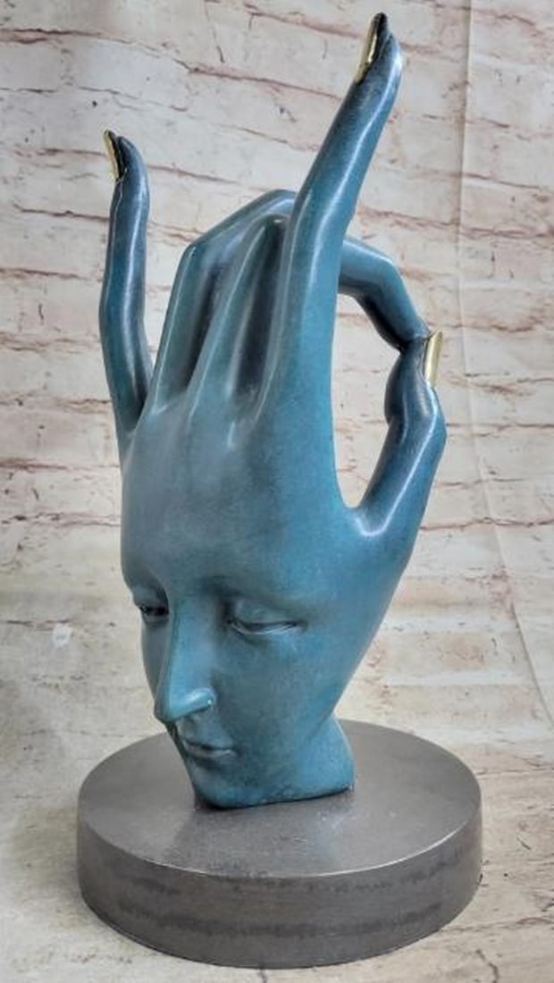 Hand of Surreal Reflection Blue Patina Bronze Sculpture (1 of 8)