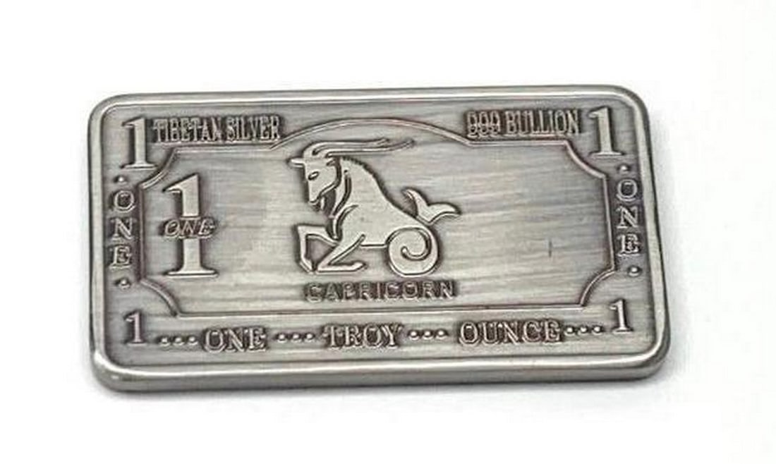 1 Troy Ounce of Tibetan Silver 999 bullion- Capricorn Zodiac Sign: 1 Troy ounce of Tibetan silver 999 bullion- Capricorn Zodiac sign. Weighing 31g, 5cm in Length, 2.8cm in Width, 3mm in Thickness. Capricorns aren’t consumed by the need for attention, but are not im
