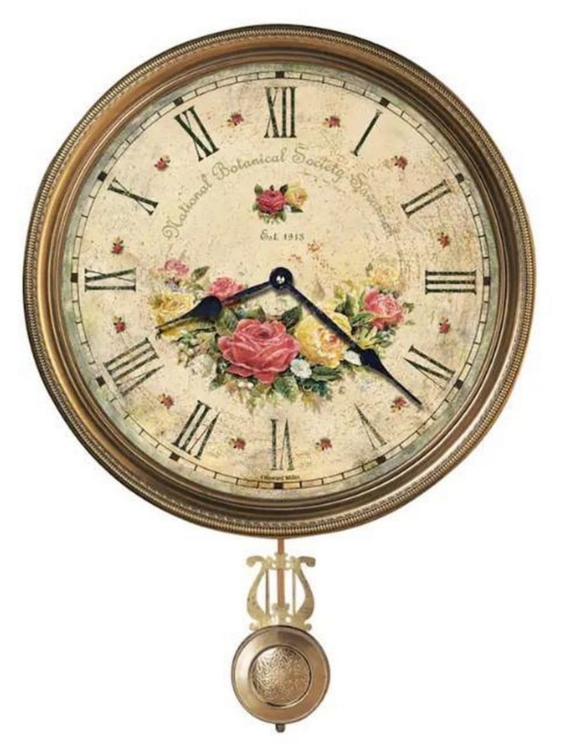 Howard Miller Savannah Botanical VII Wall Clock With Pendulum: Howard Miller Savannah Botanical VII Wall Clock With Pendulum. This clock combines timeless elegance with nature-inspired design. Featuring a brass frame, a floral motif, and a graceful brass swinging
