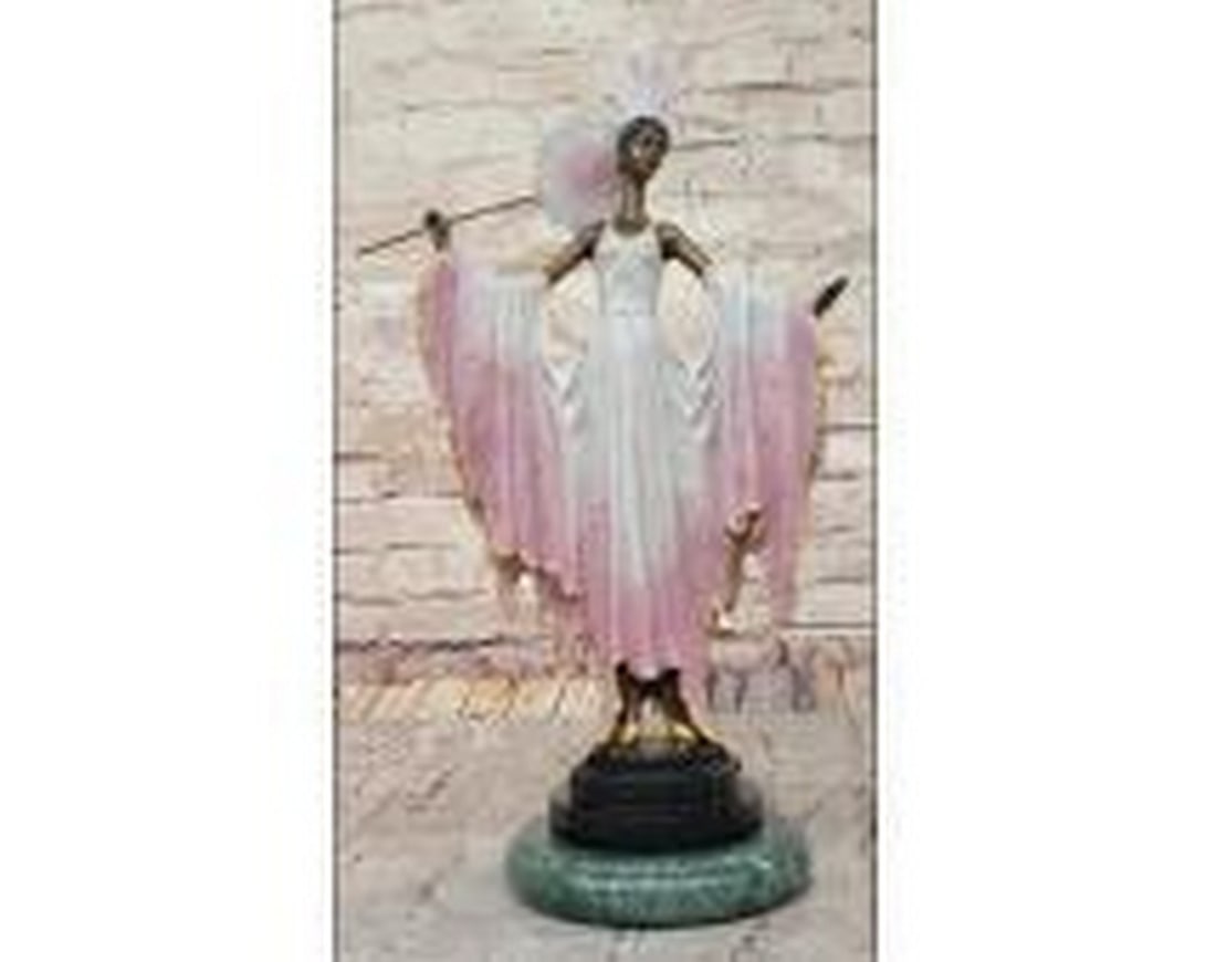 Silent Seduction Bronze Sculpture Art Deco Fan Lady: Silent Seduction Bronze Sculpture Art Deco Fan Lady. This bronze sculpture is inspired by the artist J. Erté and bears his signature. It is a captivating Art Deco bronze sculpture that beautifully c