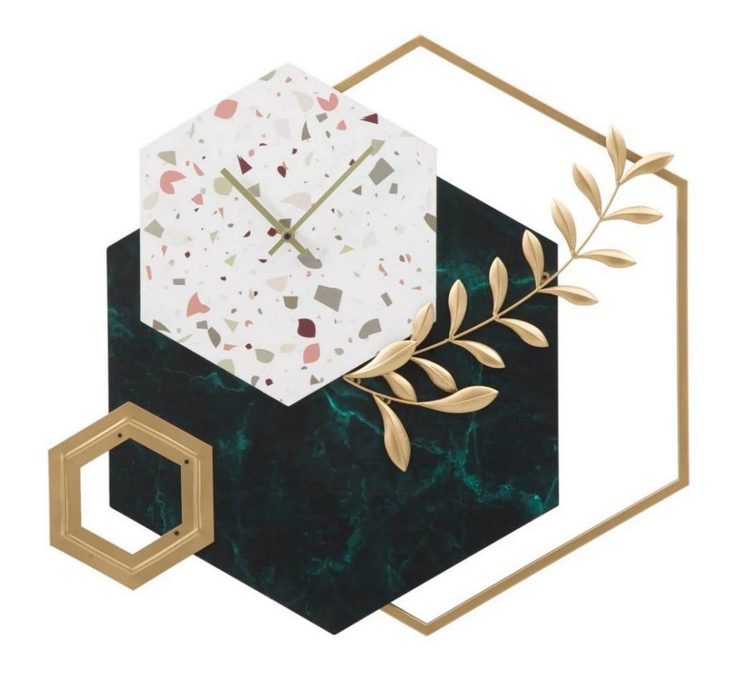 Geometric Glam Wall Clock with Marble and Leaf Design: Geometric Glam Wall Clock with Marble and Leaf Design This wall clock features a design inspired by the delicate shape of leaves, combined with the timeless elegance of marble. Its geometric structur