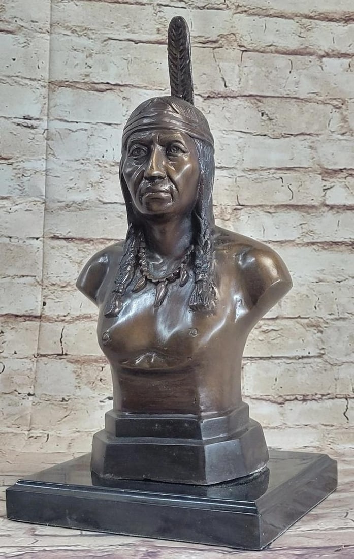 Native American Warrior Chief Bronze Bust by C.M. Russell - 12" x 7": Native American Warrior Chief Bronze Bust by C.M. Russell - 12" x 7" This striking bronze bust by C.M. Russell masterfully captures the essence of a Native American warrior chief, embodying bo