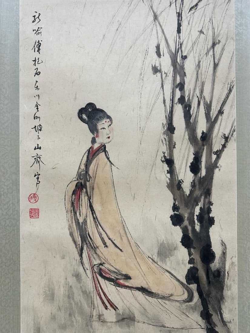 Fu Baoshi Inspired Hand-Painted Lady Scroll with Seal: Fu Baoshi Inspired Hand-Painted Lady Scroll with Seal An inspired hand-painted scroll in the style of Fu Baoshi (1904–1965), featuring a graceful depiction of a lady rendered with delicate brushwor