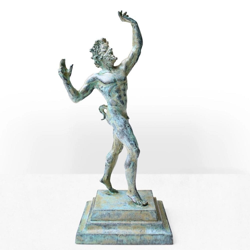 Dancing Faun Statue Reduction in Patinated Green Bronze - (1.8lbs): Dancing Faun Statue Reduction in Patinated Green Bronze - (1.8lbs) A detailed reduction of the iconic Dancing Faun statue from Pompeii’s House of the Faun, dating back to the 2nd century BC. This ex