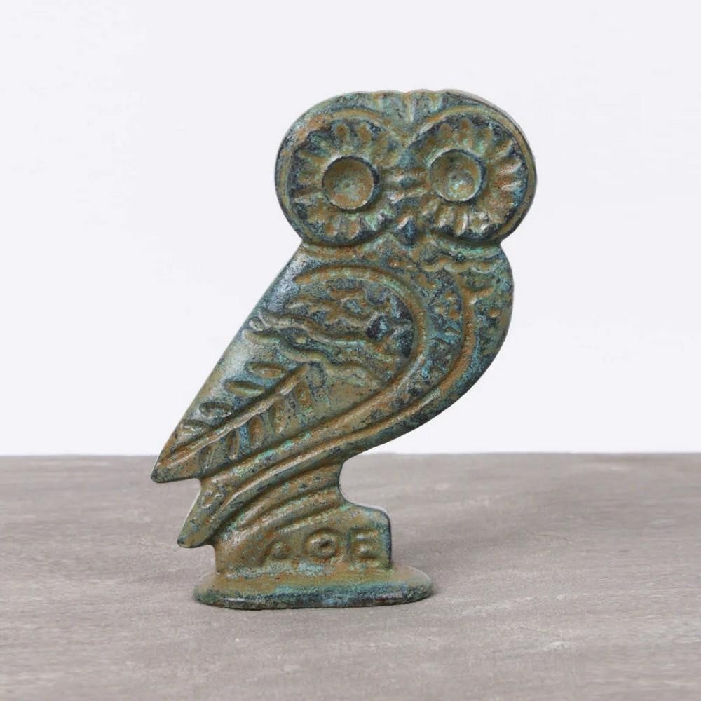 Owl of Athena Bronze Statuette with ??? Inscription - (0.9lbs): Owl of Athena Bronze Statuette with ??? Inscription - (0.9lbs) This refined bronze statuette represents the Owl of Athena, a powerful symbol of wisdom and protector of the ancient city of Athens. Mar