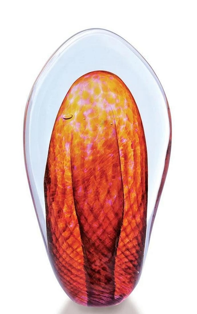 ‘Stripe Flattened’ Decorative Glass Paperweight by Thomas Petit: ‘Stripe Flattened’ Decorative Glass Paperweight by Thomas Petit Hand-blown by artist Thomas Petit, the *Stripe Flattened* paperweight features a smooth, organic form encasing a vibrant, striped c
