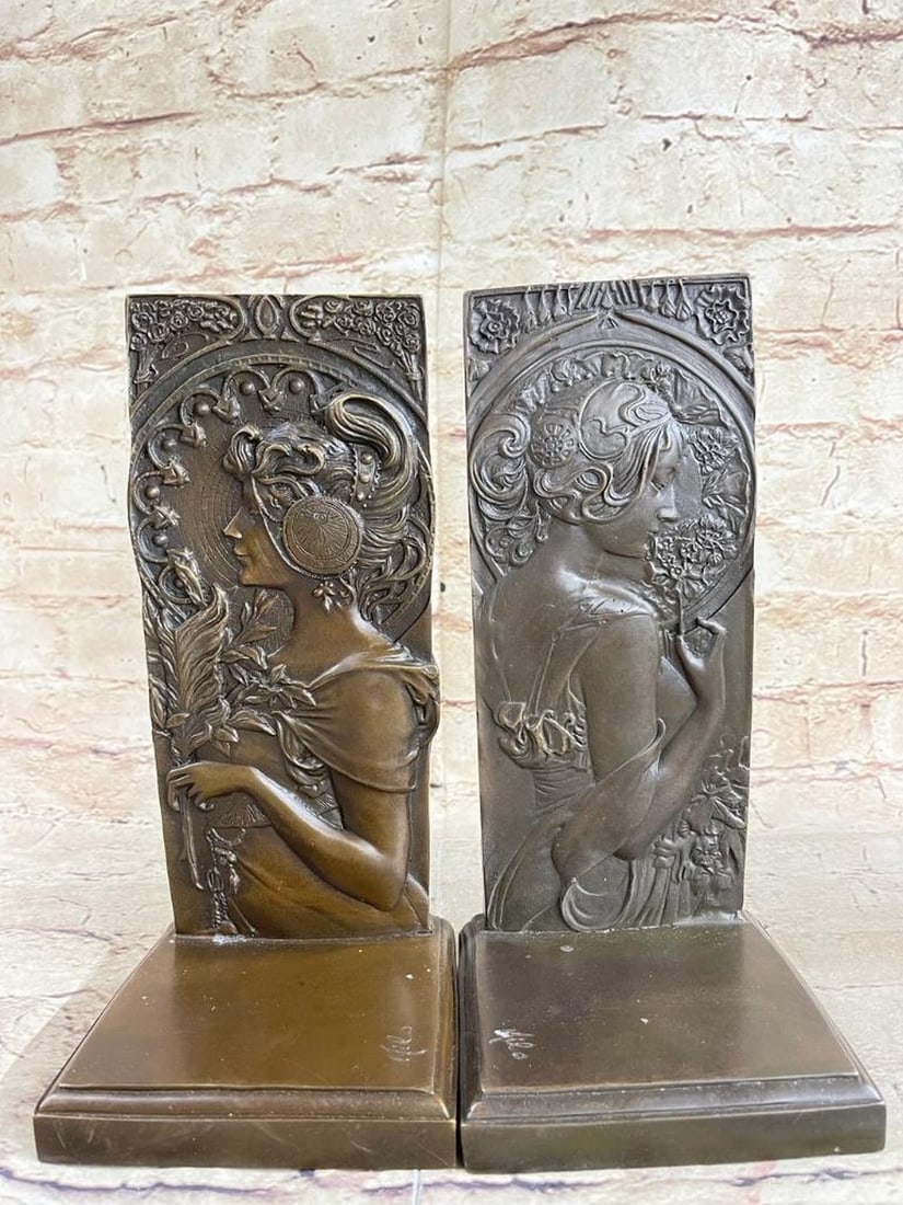 Art Nouveau Female Portrait Bronze Metal Bookends by Milo - 9" x 4": Art Nouveau Female Portrait Bronze Metal Bookends by Milo - 9" x 4" Discover the exquisite craftsmanship of this Art Nouveau Female Portrait bronze bookend set, true rarities in the art world