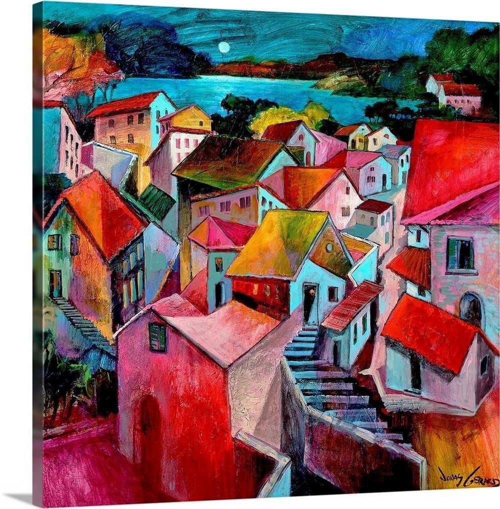 Mediterranean Evenings – Canvas Reproduction by Jonas Gerard: Mediterranean Evenings – Canvas Reproduction by Jonas Gerard Mediterranean Evenings by Jonas Gerard captures the quiet charm of a European village illuminated under the soft glow of moonlight. Warm