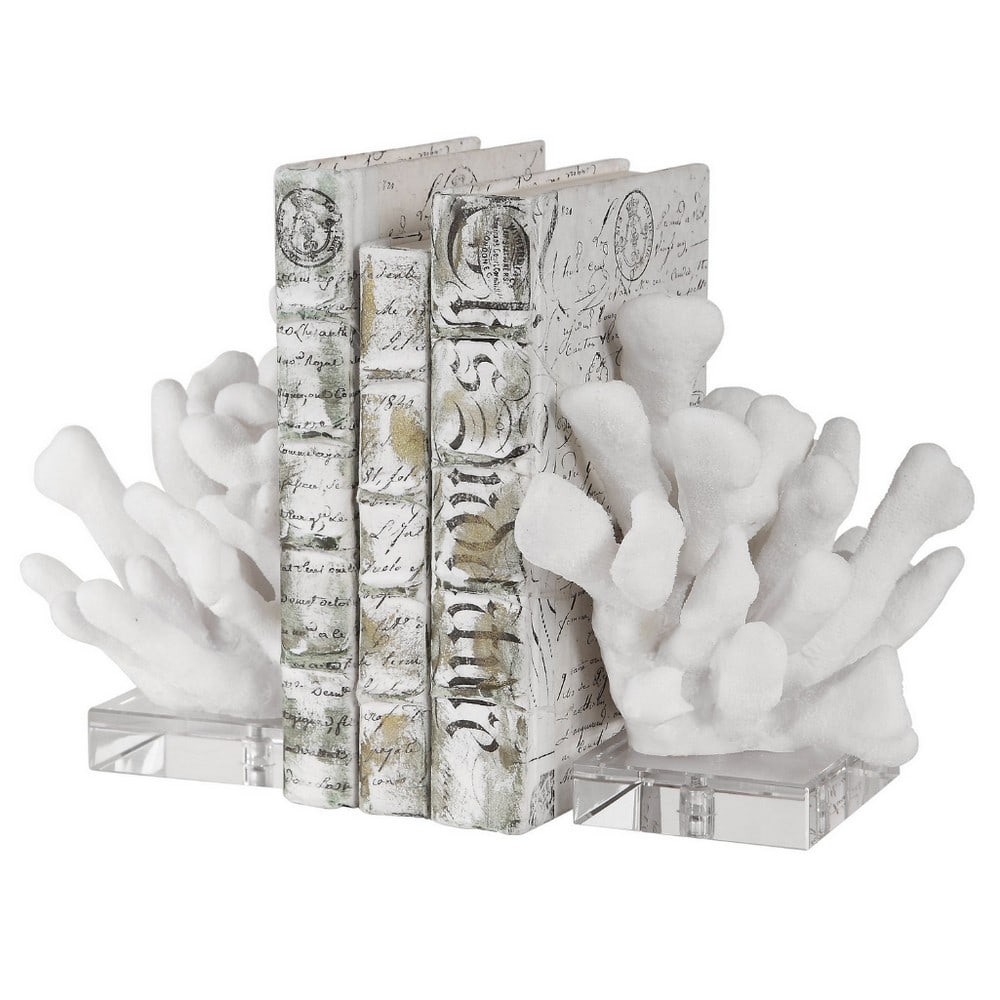 "White Reef" Charbel Collection Bookends: "White Reef" Charbel Collection Bookends Set Of Two Bookends Featuring Textured Faux White Coral On Crystal Bases Dimensions: Width / Diameter: 5.75" Height: 9.00" Length: 7.63