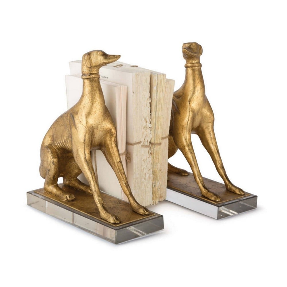 "Antique Gold" Norman Collection Bookends: "Antique Gold" Norman Collection Bookends Set gracefully upon a crystal pedestal, this pair of canine sculptures—one gazing left, the other right—is exquisitely finished in antiqued gold