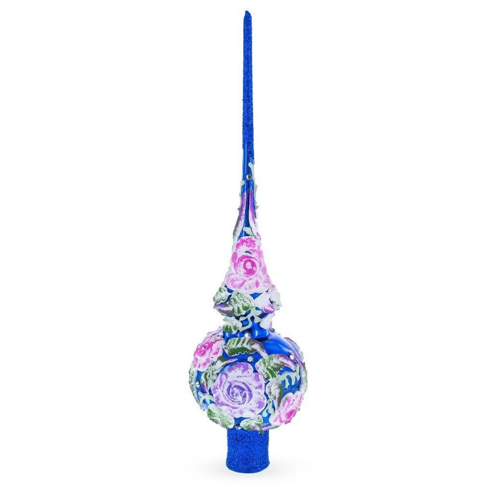 Cobalt Elegance with Raised Pink Roses Glass Christmas Tree Topper – 11 Inches (1 of 2)