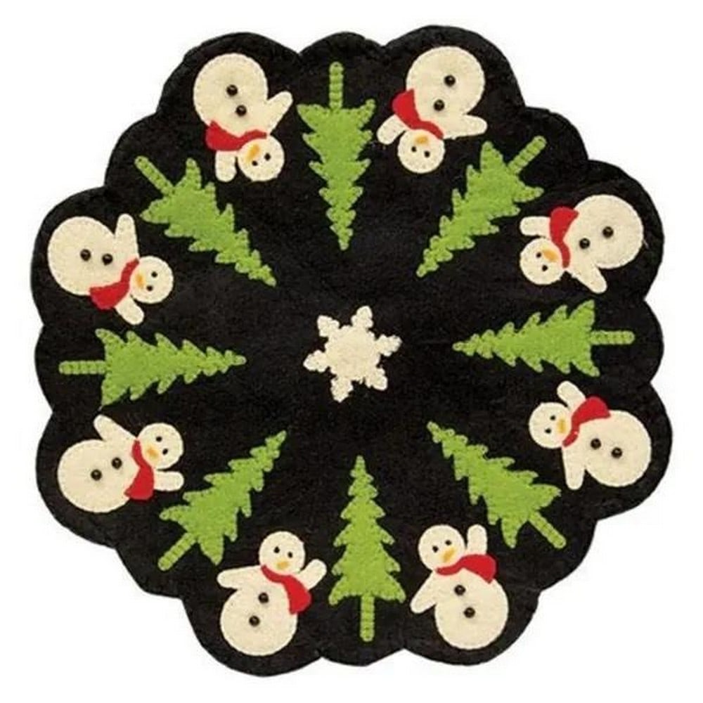 Primitive Holiday Snowmen & Tree Felt Mat – 12 Inches: Primitive Holiday Snowmen & Tree Felt Mat – 12 Inches Add a touch of rustic charm to your holiday décor with this 12-inch primitive fabric mat. Featuring a stitched ring of festive snowmen and
