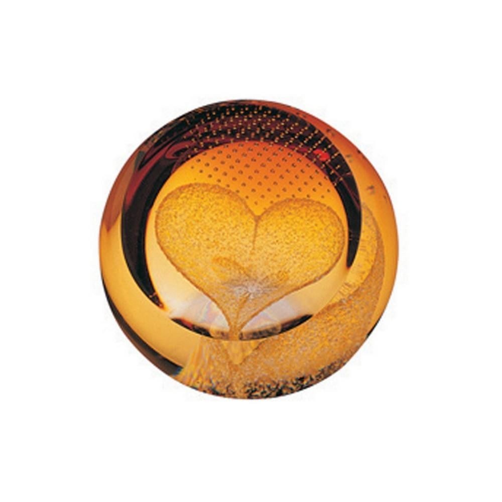 Golden Embrace Paperweight: Golden Embrace Paperweight A handcrafted glass paperweight featuring a golden heart surrounded by delicate bubbles, creating a sense of depth and lightness. Designed as a symbol of love and kindness,