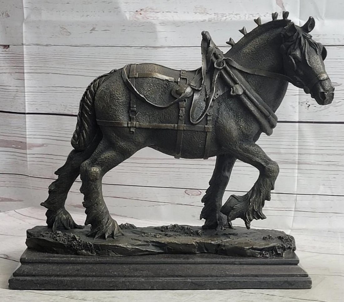 Signed Original Clydesdale Work Horse Bronze Sculpture On Marble Base - 11" x 12.5" (1 of 8)
