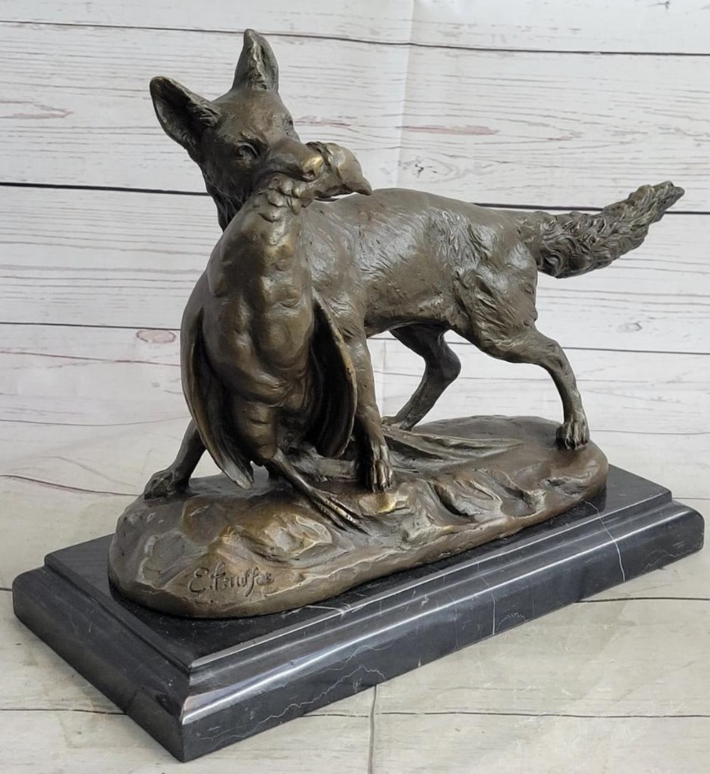 Truffot Fox & Pheasant Bronze Sculpture On Marble Base - 10" x 12" (1 of 6)
