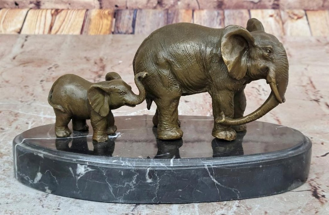 Mother and Child Elephant & Calf Barye Bronze Sculpture on Marble Base – 5" x 8.5" (1 of 5)
