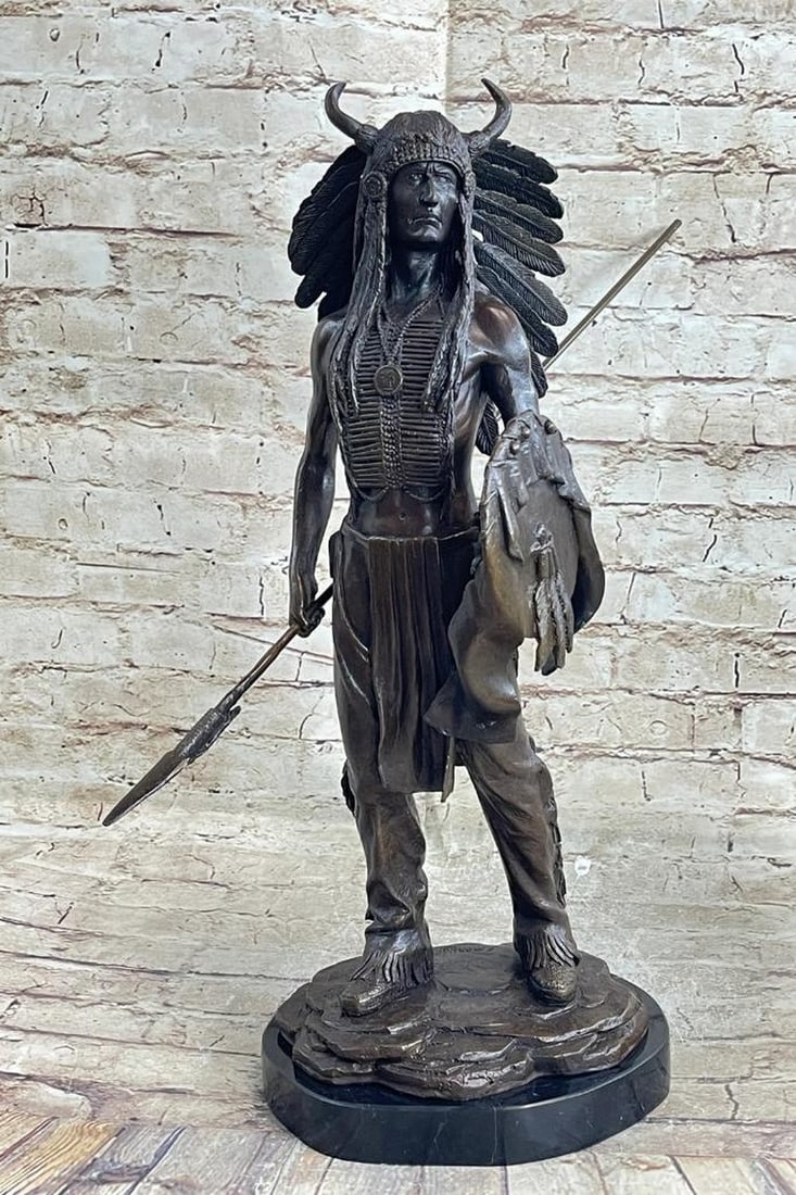 Native American Chief Wielding Spear & Shield Inspired Bronze Statue - 20" x 8" (1 of 6)