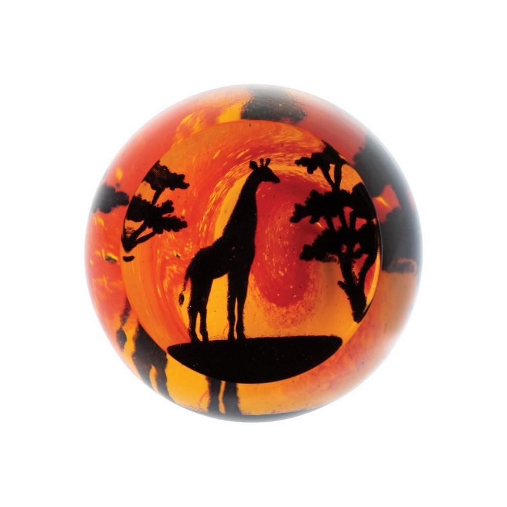 Savannah Giraffe Paperweight: Savannah Giraffe Paperweight A glass paperweight depicting a giraffe gracefully browsing the tallest branches of an Acacia tree within a stylized African landscape. The design captures the elegance of