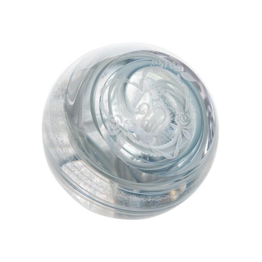 Silver 25th Anniversary Paperweight: Silver 25th Anniversary Paperweight A handcrafted glass paperweight celebrating a 25-year milestone. Lustrous silver swirls symbolize tradition, with a facet-cut heart emblem and “25” engravin