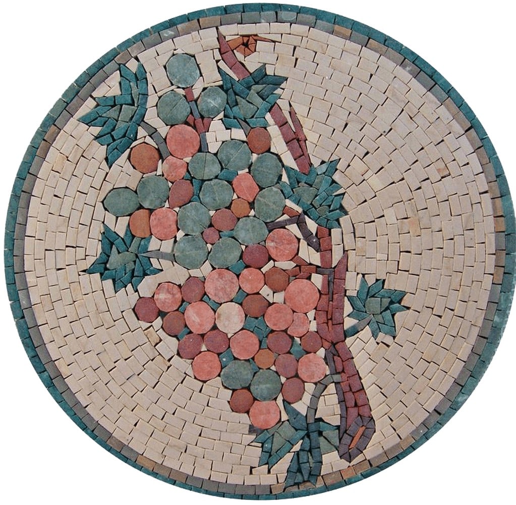 Abstract Grapes Mosaic Artwork: Abstract Grapes Mosaic Artwork A handcrafted mosaic made from natural stone. The design features an abstract interpretation of grape clusters using individually cut and arranged stone tiles to create