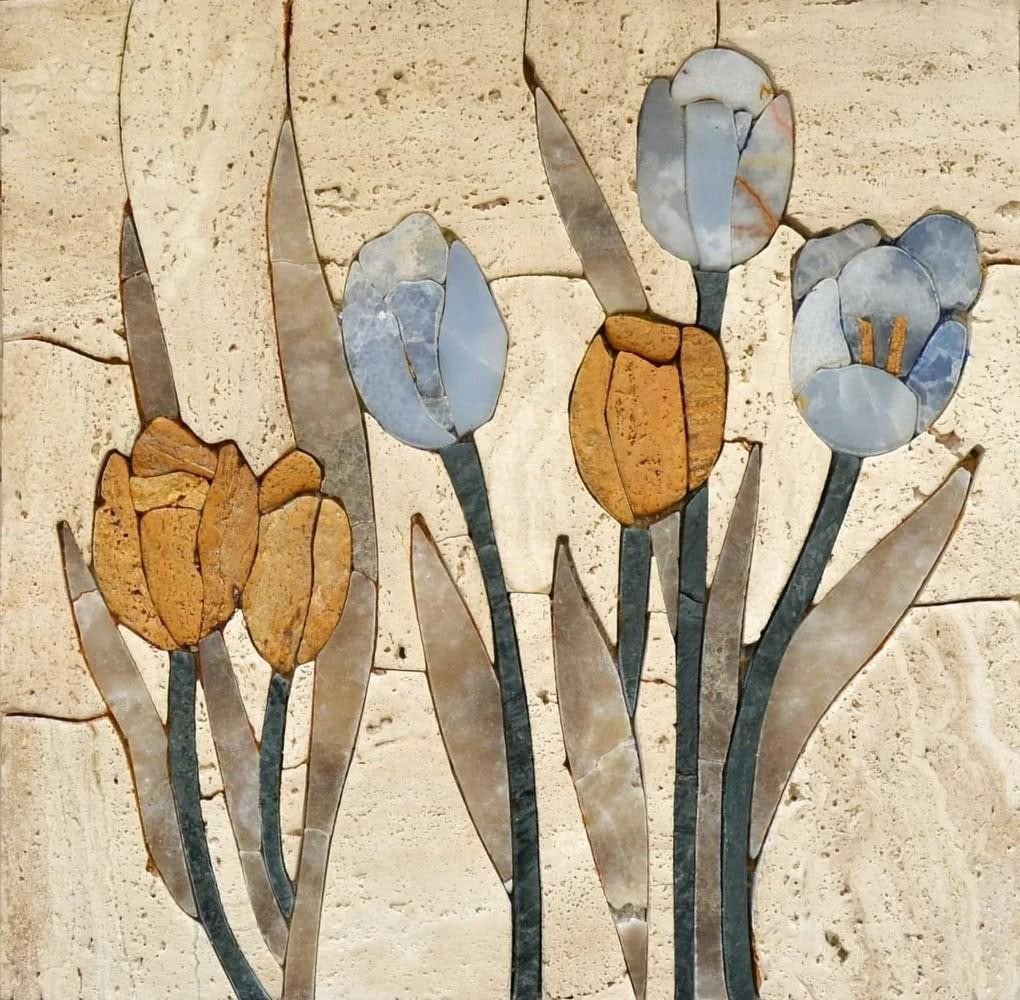 Mosaic Tile Art - Tulip Blossoms: Mosaic Tile Art - Tulip Blossoms A handcrafted mosaic made from natural stone, featuring detailed depictions of tulip blossoms. The piece combines vibrant colors and carefully arranged tiles to create