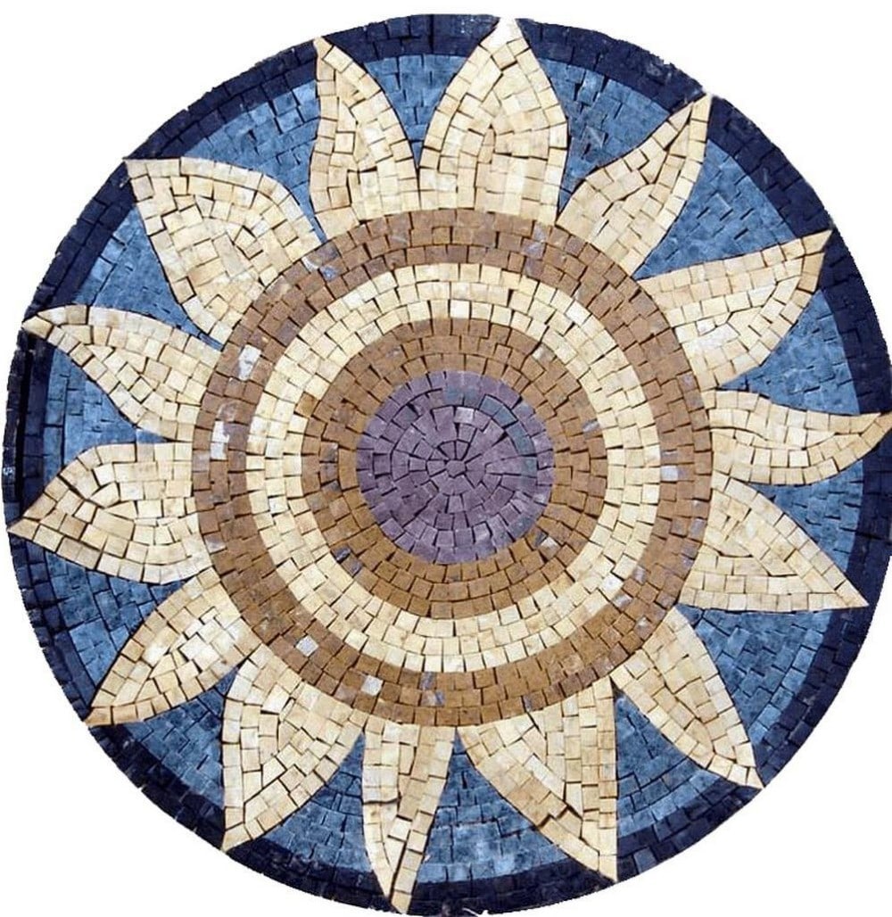 Sunflower Mosaic Tile Art: Sunflower Mosaic Tile Art A handcrafted mosaic made from natural stone, featuring a vibrant sunflower design set against a tranquil background. The piece highlights carefully arranged tiles that captu